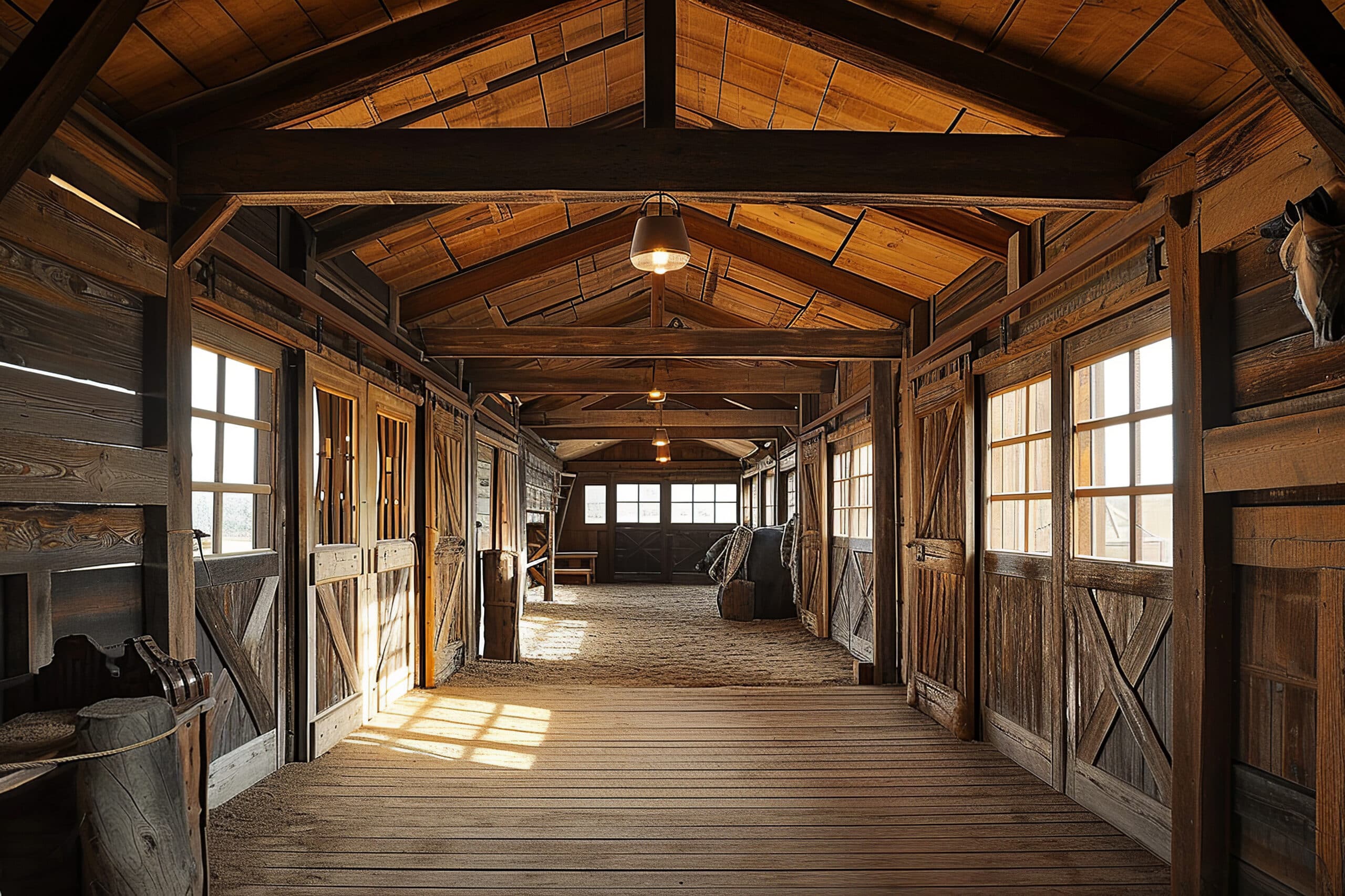 Stable interior, stall for horses in wooden building. Farm